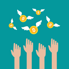 Hand trying to catch gold dollar coins with wings. Vector flat illustration on blue.