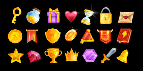 UI game icon set, vector casino interface object kit, magic inventory element collection, golden crown. Mobile app badge pack, magic potion bottle, trophy cup, letter, notification bell. Game icons