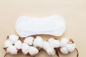 Fototapeta na wymiar Feminine sanitary pad with a flower of cotton on beige background
