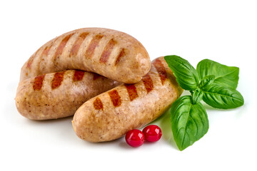 Barbecued munich sausages, isolated on white background.