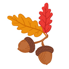 Forest acorns and autumn leaves. Vector illustration.