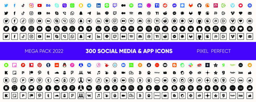Social media logo icons and their silhouettes on white background. Online social networks symbols, social platforms and internet services actual logotype icons.