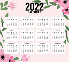 2022 calendar template with floral design. Vector illustration.