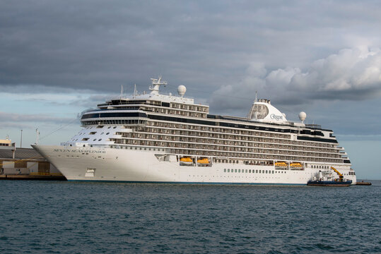 Southampton, England, UK. 2021. Cruise ship Seven Seas Splendor alonside her berth in the Port of Southampton.