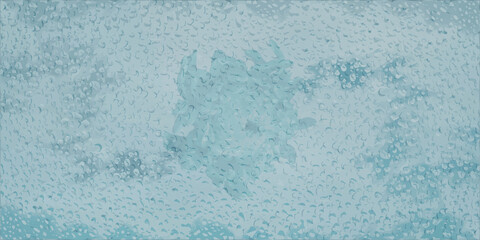 Raindrops and an aster flower on a blue background, realistic style, vector illustration. Bubbles of clean water on the window glass. Abstract textured background for your design.
