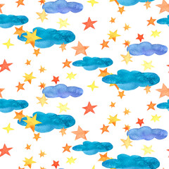 Fototapeta premium Watercolor illustration, seamless pattern, blue clouds with stars.Children's illustration, the sky isolated on a white background.A good one is suitable for printing on fabric and paper.