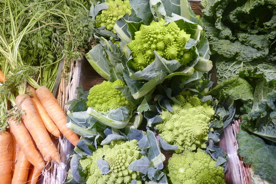 Food basket with autumn vegetables. Romanesco, cauliflower, carrots. 