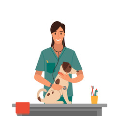 Veterinarian with dog on white background. - 458584144