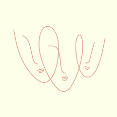 Abstract Fashion Artistic Portrait Painted Illustration Of People Faces Silhouette Group Pattern One Line Drawing Abstraction. Line art woman. Self love and care concept. Continuous line drawing