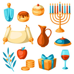 Set of Happy Hanukkah religious symbols. Illustration of holiday objects.