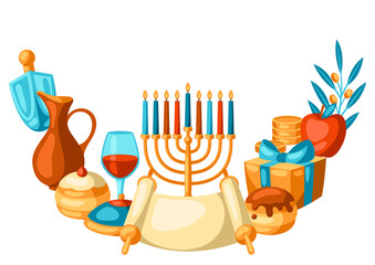Happy Hanukkah decorative element with religious symbols. Illustration with holiday objects.