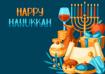 Happy Hanukkah background with religious symbols. Illustration with holiday objects.