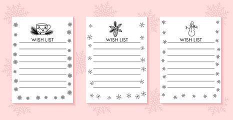 Christmas wish list templates set. Hand drawn elements. Collection of cards with desired gifts. Festive vector illustration.