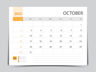 Monthly calendar template for 2022 year, October design, Planner, Desk calendar 2022 design, Week Starts on Sunday, Wall calendar design in a minimalist style, printing media, vector eps10