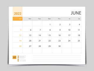 Monthly calendar template for 2022 year, June design, Planner, Desk calendar 2022 design, Week Starts on Sunday, Wall calendar design in a minimalist style, printing media, vector eps10