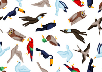 Seamless pattern with stylized birds. Image of wild birds in simple style.