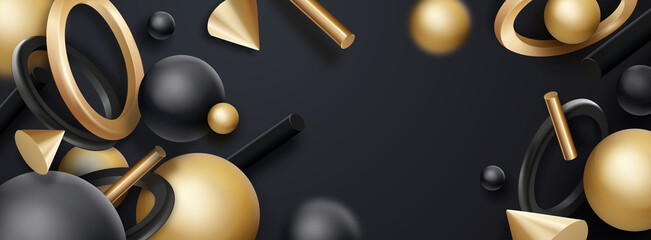 Black and golden geometric shapes objects on dark background. Flowing realistic geometry elements. Spheres, cones and other geometric shapes