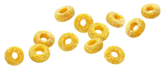 Falling corn rings isolated on white background