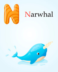 Kids banner with english alphabet letter N and cartoon image of cute narwhal with a big horn splashing in the water. © Ekaterina