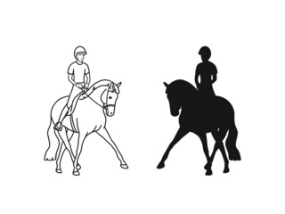 Equestrian dressage,the rider performing the half pass, vector line art and silhouette