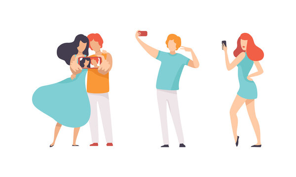 Young Man and Woman Taking Selfie with Smartphone Camera Vector Set