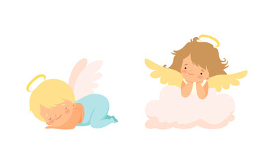 Cute Baby Angels with Nimbus and Wings Vector Set
