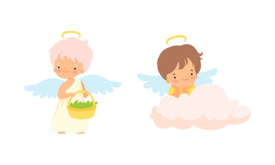 Cute Baby Angels with Nimbus and Wings Vector Set