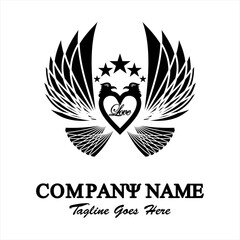 Obraz premium Black and white abstract vector logo. illustration of two eagles facing each other and a heart. aLogo template for business. Simple and cool