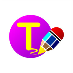 Letter t with pencil in dots, colorful clipart. Simple, beautiful and cool vector graphic resource