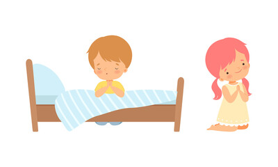 Little Kid Kneeling Beside His Bed and Praying with Folded Hands Vector Set