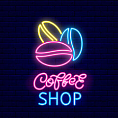 Coffee beans neon light icon. Coffee shop brush lettering. Night bright signboard. Isolated vector stock illustration