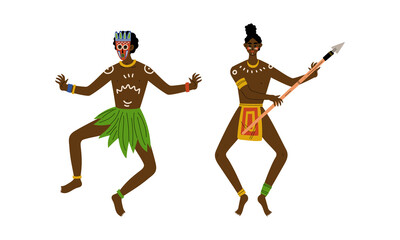 African Aboriginal Man with Painted Face Dressed in Traditional Tribal Clothing Vector Set