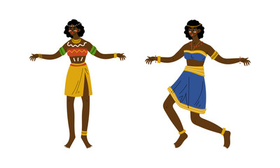 African Aboriginal Woman with Painted Face Dressed in Traditional Tribal Clothing Vector Set