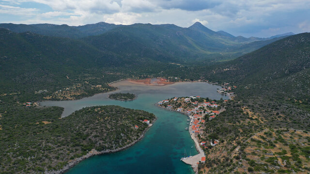 Aerial drone photo of fjord looking bay and village of Gerakas near famous castle of Monemvasia, a safe anchorage for yachts, Lakonia, Peloponnese, Greece