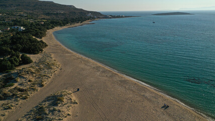 Aerial drone photo of not so famous paradise sandy beach of Limnitsa in island of Elafonisos, Peloponnese, Greece