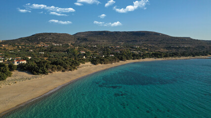 Fototapeta premium Aerial drone photo of not so famous paradise sandy beach of Limnitsa in island of Elafonisos, Peloponnese, Greece