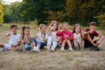 Fototapeta premium A large group of cheerful children sit on the grass in the Park and smile. Games in a children's camp
