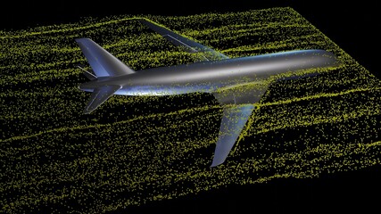 Fototapeta premium Air flow around airplane body. Angled prespective back view tunnel wind particle flow . 3d render illustration