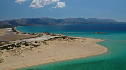 Aerial drone photo of paradise tropical island exotic turquoise sandy bay and beach with calm sea