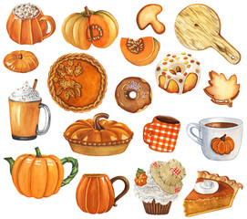 Watercolor Autumn Sweets and Drinks Clipart. Farmhouse Pumpkin Decor. Pumpkin Pie, Cookie,Cupcake, Teapot, Fall Hot Drink Illustrations. Kitchen Decor. - obrazy, fototapety, plakaty