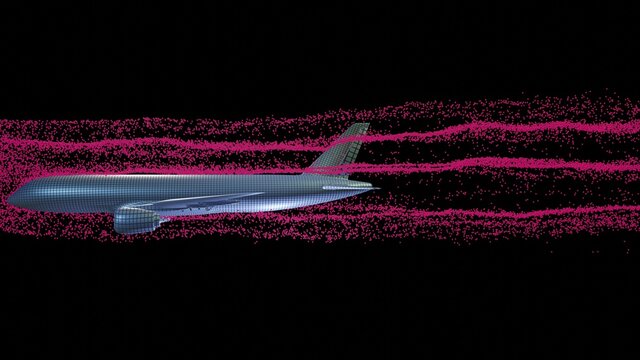 Air flow around airplane body.  Side view wind tunnel particle flow  in vertical position. 3d render illustration