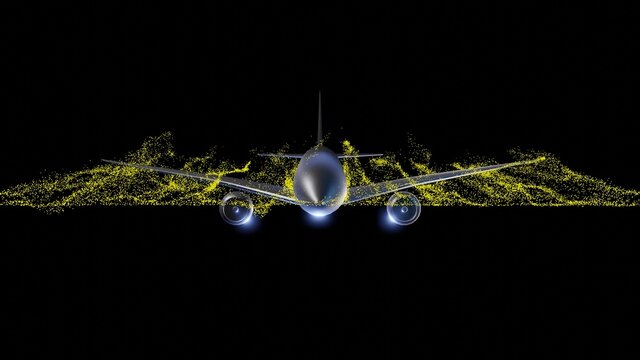 Air flow around airplane body.  Front view wind tunnel particle flow . 3d render illustration