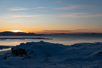 Thingvellir National Park in Iceland at sunrise in winter