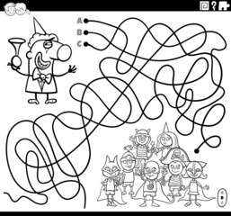 maze with clown and children coloring book page