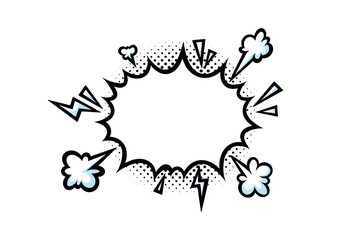 Comic boom speech bubble with lightnings and halftone. Puff shape for surprising and explosive events. Vector illustartion isolated in white background