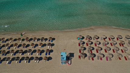 Aerial drone photo of Mediterranean paradise organised beach with deep emerald calm sea