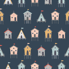 Seamless pattern on a dark background. Colorful cute beach houses. Vector illustration