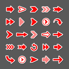 Colorful arrow stickers set. Red cursor icons, pointers collection. Simple arrows in different shapes. Next, back web signs. Vector illustration.