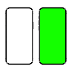 Realistic smartphone with blank touch screen and green chroma key background. Frameless mobile phone in front view. High quality detailed device mockup. Screen backdrop template. Vector illustration.