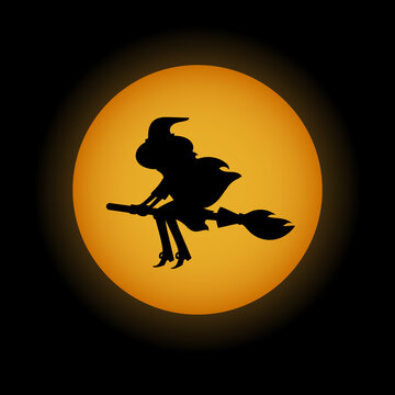 Silhouette of a witch on a broomstick against the background of the full moon. Vector illustration.